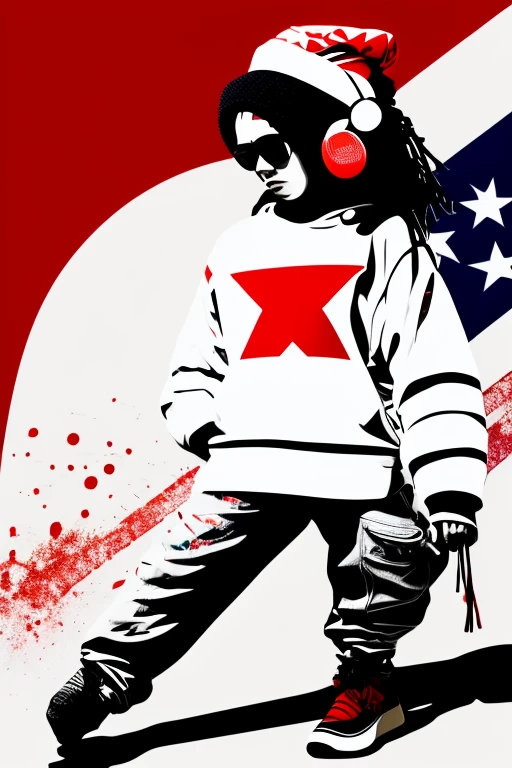 A background filled with Japanese flag in various sizes and colors、

Creative logo illustration of a silhouette with dreadlocks and red headphones, 
Banksy、
A background completely filled with scattered musical notes in various sizes and colors, covering the entire screen.
singer、microphone、Japanese、

beautiful girl colorful image

Dance hiphop Dance CREW  Waacking Dance

Punking 

black medium hair black medium hair 

Five fingers Baggy clothes Baggy clothes
HIPHOP crew、

the Japanese flag, background,patriotic,minimal,simple,bold colors,graphic,flat design,clean