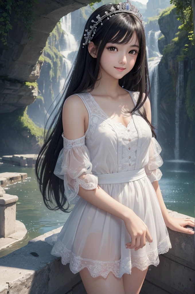 ((masterpiece, best quality, ultra-detailed, high resolution, extremely detailed CG, super detailed, Most beautiful clean lighting)), 1girl, small, young, cute girl, pretty face, smile, white skin, Beautiful black hair, straight hair, black eyes, kawaii, little body, divine garment, fantastic landscape, ultimate beauty