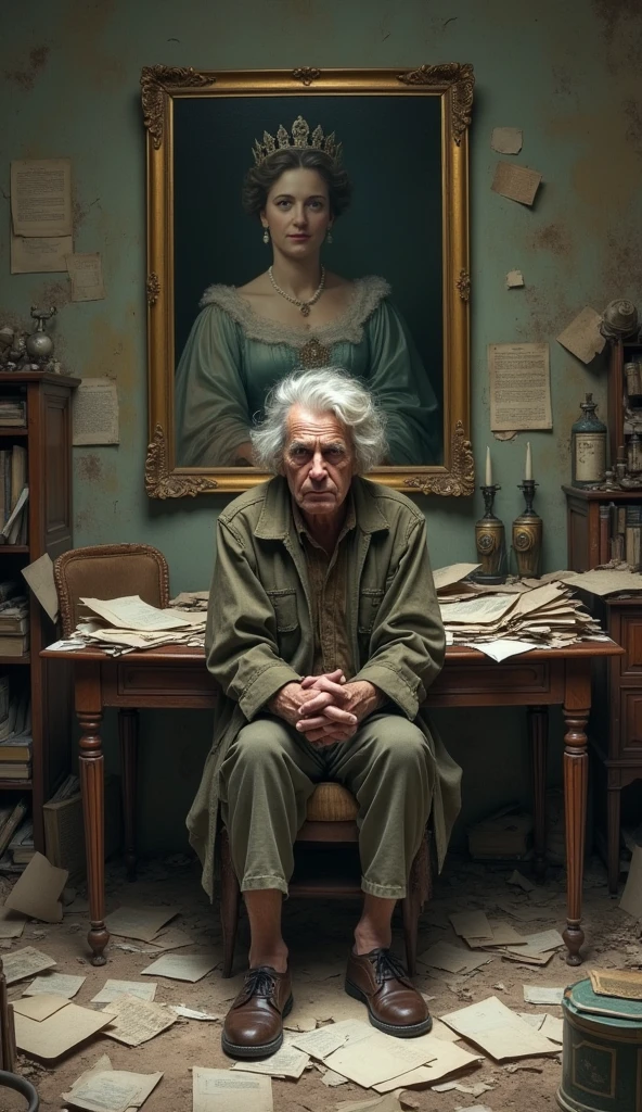 An older, disheveled Dee in a ruined study, papers scattered everywhere, and a faded portrait of the Queen
