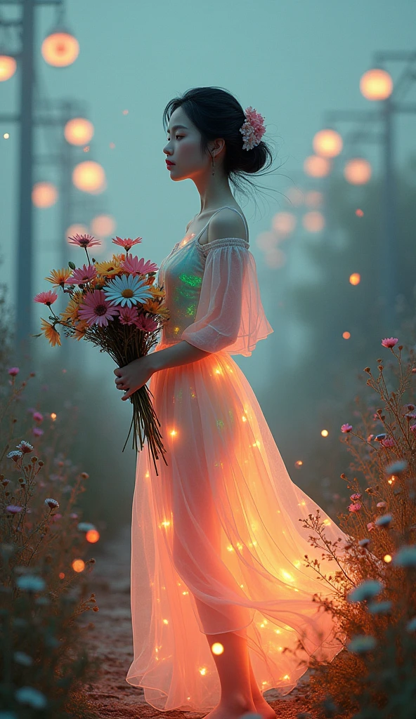 Surreal digital art. Dusk. Full length portrait of a Korean woman. She is holding a bouquet of flowers. Her body is transparent, and her dress has a beautiful rainbow glow. On both sides of her path are colorful flowers, swaying in the wind. There are twinkling lights hanging around her. The atmosphere around her is warm, but also lonely.