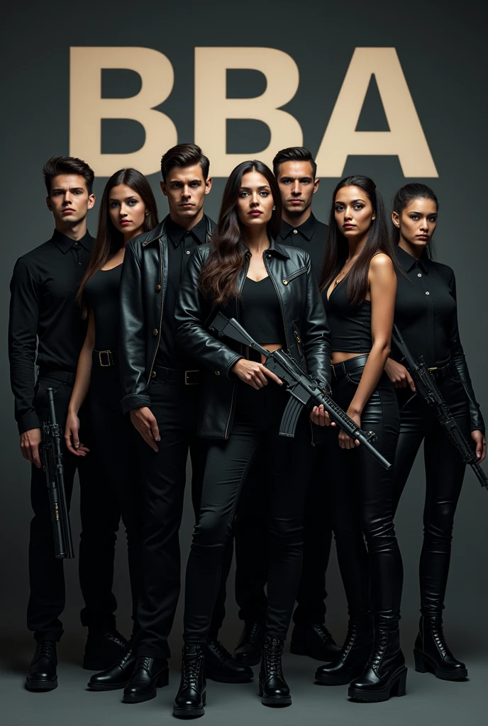 We are students of BBA and want to create a do for our social media group. So create a pic in which a army or gang or group of boys and girls are standing holding guns or rods and BBA is written behind them in big letters. All people must be looking dangerous in photo. All people must be dressed in black. All people must be young around mid twenties and handsome and beautiful.
