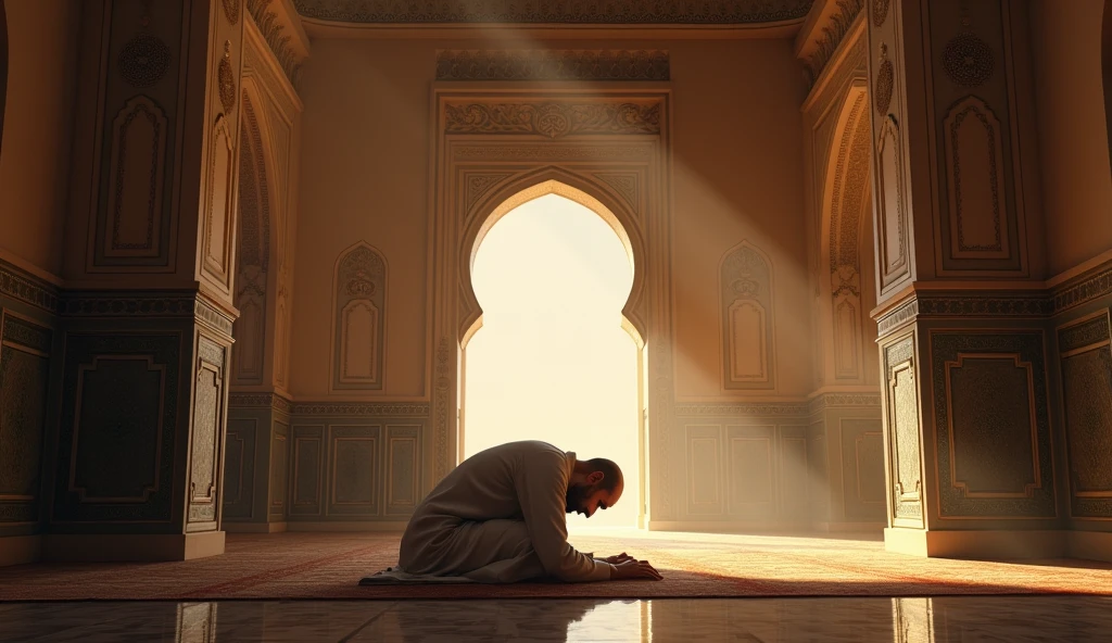 A man alone is prostrating in a mosque