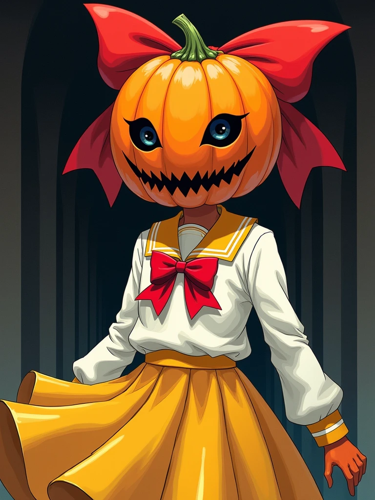 NAOKO manhwa chatacter from pumpkin night,naoko is a girl with pumpkin hallowen as her head,the pumpkin have big red ribbon,naoko wearing unifrom , with white color,and yellow skirt,naoko have savage and creepy vibes,beautiful art,high quality,masterpiece