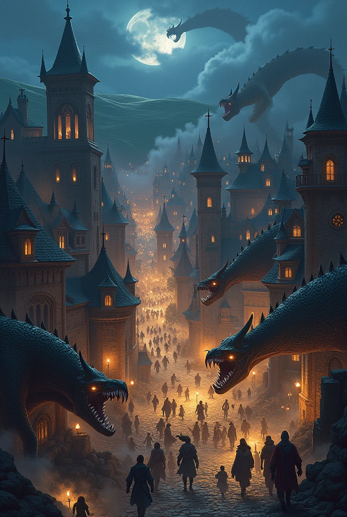 Fantasy anime style city in the middle ages attacked by monsters little panic people animation night