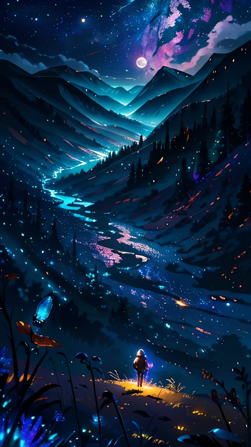 Vast landscape photography, (View from below。I can see the sky and the wilderness below..),  Lawyer standing in a flower field looking up, (full moon: 1.2), (shooting star: 0.9), (nebula: 1.3), Distant Mountain, Treebreak Production Art, (Warm light source: 1.2), (Firefly: 1.2), lamp, Purple and Orange, Exquisite detail, Volumetric Lighting Break (masterpiece: 1.2), (Highest quality ), 4K, Very detailed, (Moving configuration: 1.4), Highly detailed and colorful (Iridescent: 1.2), (Shining Light, Atmospheric lighting), dream-like, magic, (alone: 1.2)