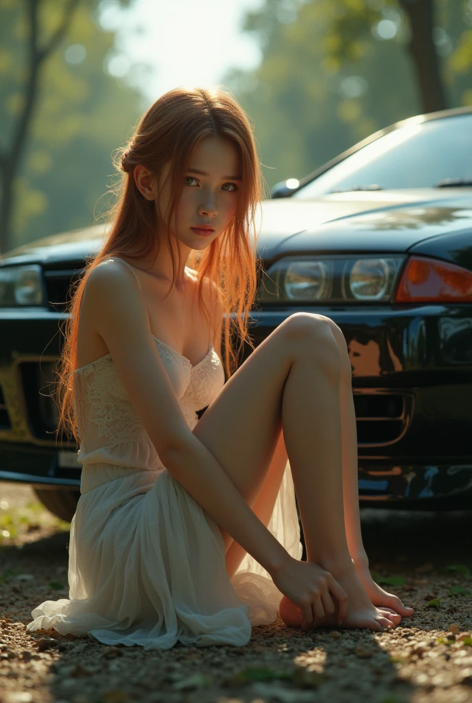 You can create an image of a skinny, white-skinned, green-eyed girl with orange-brown hair sitting outside in front of a black Nissan Skyline GTR R32 car with red headlights.