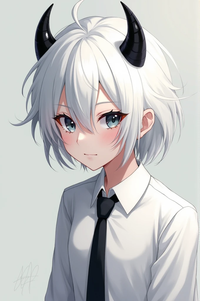 White hair, devil horns, Wearing a white school uniform, black tie