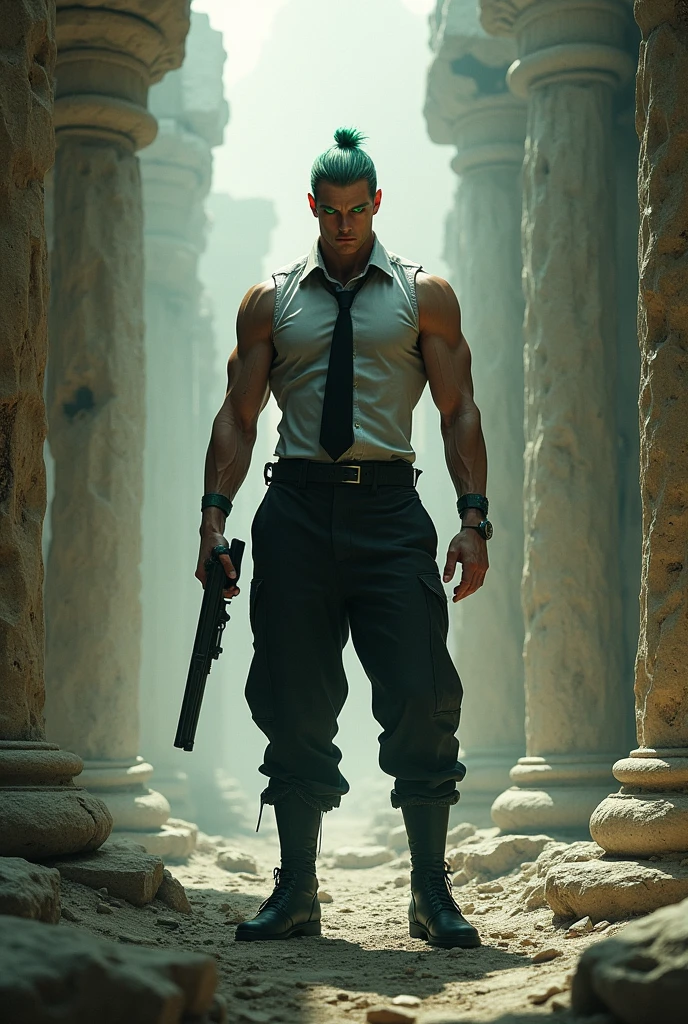A man with a well-toned body, alone, He has a gun in his hand, Gray Hair, Moss green hair bundle, short hair, ((black and grey ballroom blouse, Black and grey long pants)), Black social shoes, Serious expression, Bright green eyes, ancient ruins, Black tie.