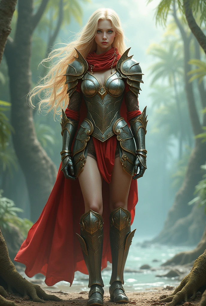 (hyper realist), (illustration), (high resolution), (8k), (extremely detaild), (best illustration), (beautiful eyes detailedbest quality), (super verbose), (work of art), (wall-paper), (face detailed), standing alone, 1 girl, blond, heterochromic eyes (sexy armor), (dental string micro), Legs long, tight abdomen, no chest leak, (((flat-chested))), (camel toe), (see through),  Amazon River in the background, standing