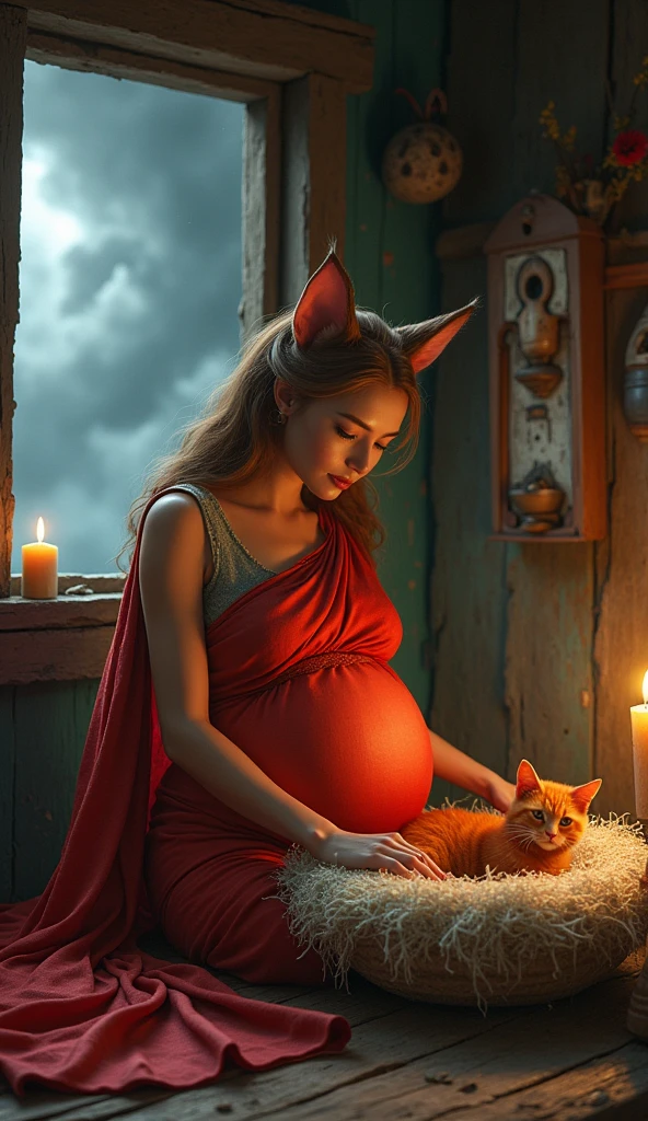 A humanoid havana wearing red saree pregnant red cat, preparing a warm, cozy nest in a small, rustic home as a storm rages outside