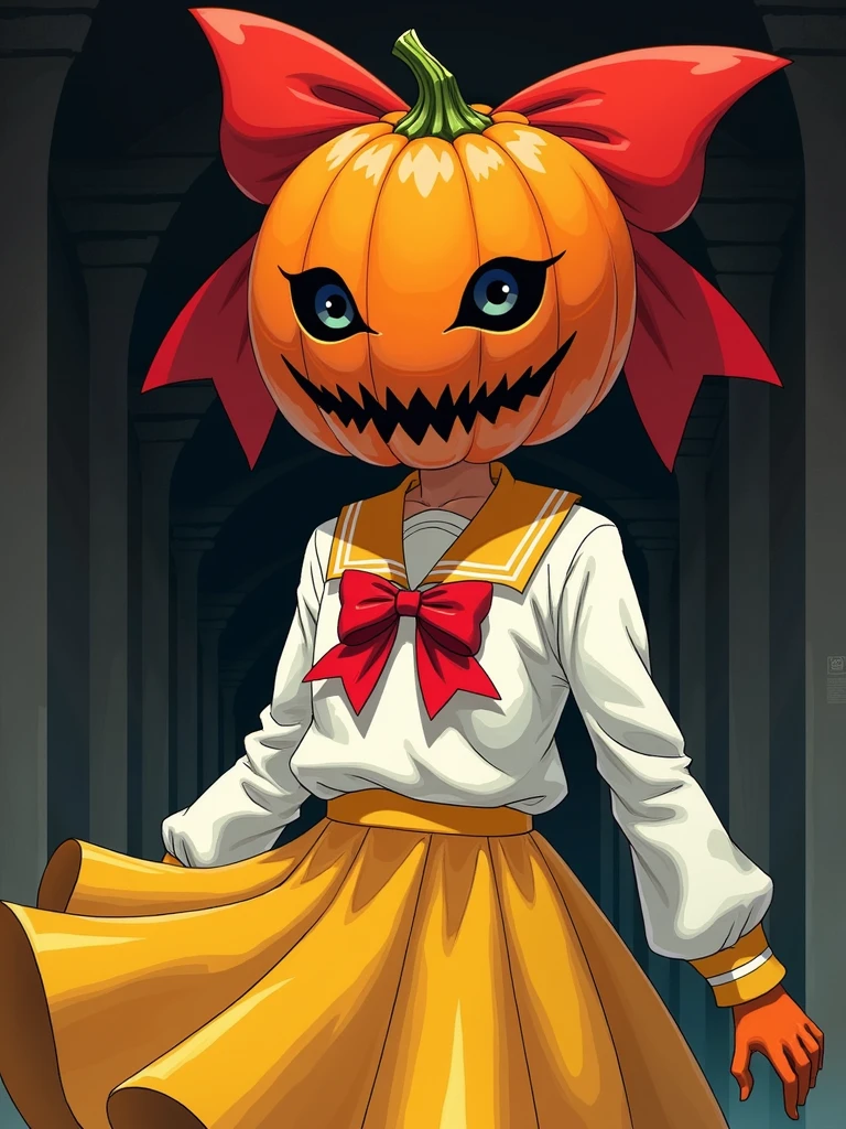 NAOKO manhwa chatacter from pumpkin night,naoko is a girl with pumpkin hallowen as her head,the pumpkin have big red ribbon,naoko wearing unifrom , with white color,and yellow skirt,naoko have savage and creepy vibes,beautiful art,high quality,masterpiece