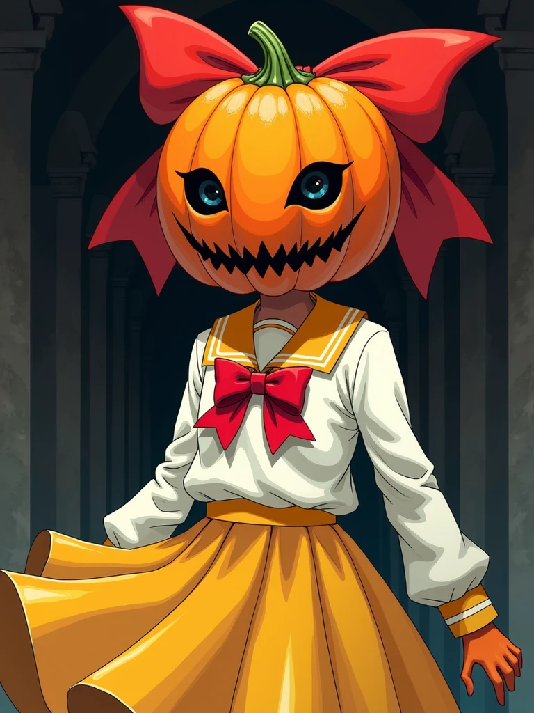 NAOKO manhwa chatacter from pumpkin night,naoko is a girl with pumpkin hallowen as her head,the pumpkin have big red ribbon,naoko wearing unifrom , with white color,and yellow skirt,naoko have savage and creepy vibes,beautiful art,high quality,masterpiece