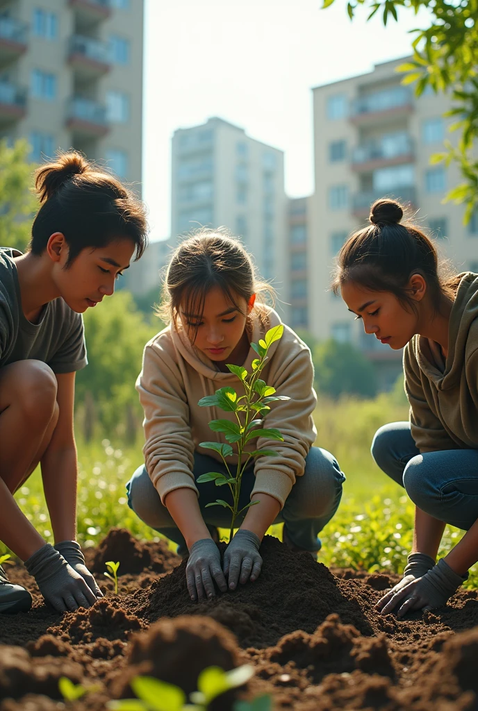 Create a realistic image showing young people taking action to reduce climate change. instance: Planting trees, among others
