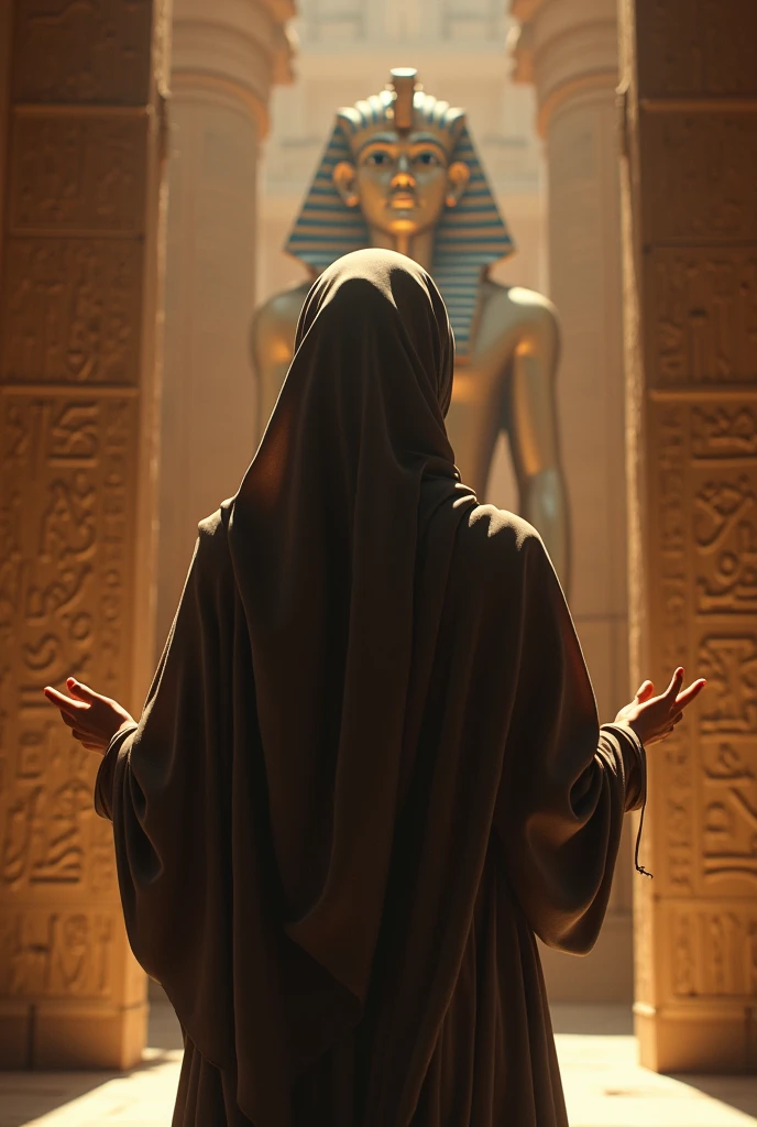A muslim woman standing in front of a pharaoh, only showing her back, praying to Allah with her hands