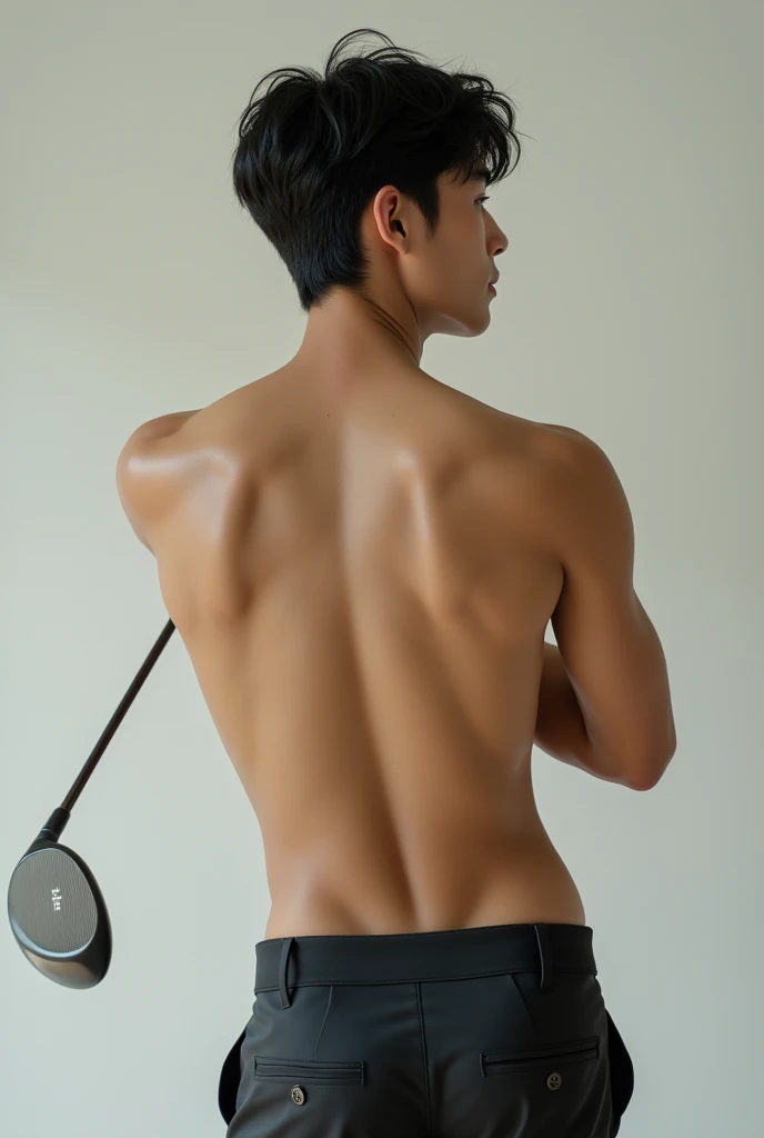 Real photo style、Realistic、Cute handsome man、Idol face、、Japanese、Slim body、Mash Hair、Completely ?????、Full nudity、Back view of a golf player