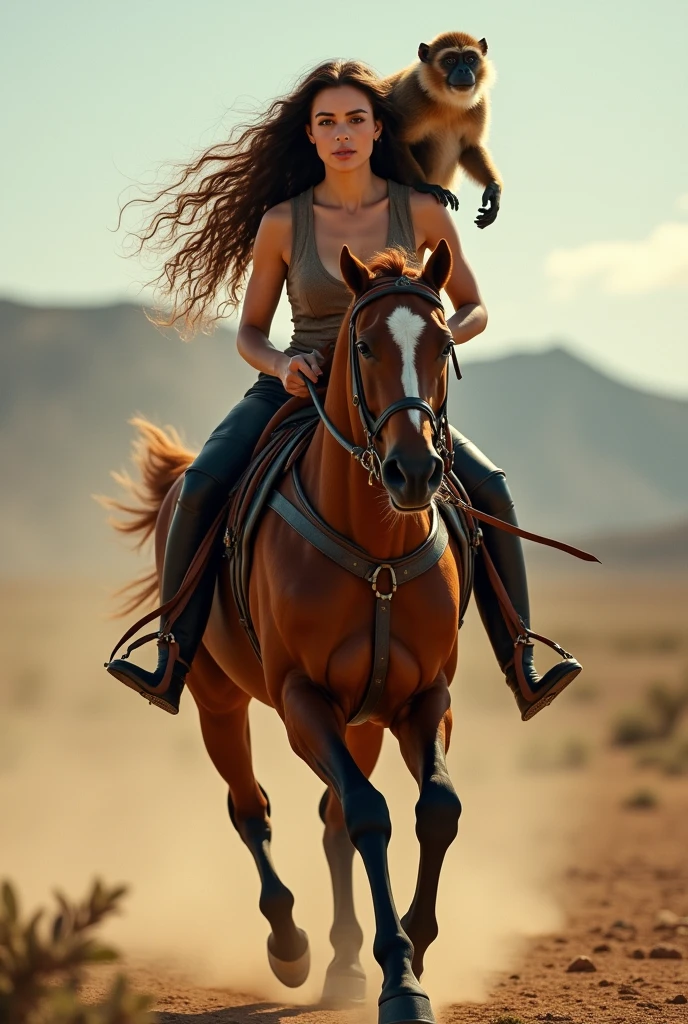 (photorealism:1.2), a sexy curly brown hair woman with a saddle on her back and horse reins on her head galloping like a mare, monkey riding her