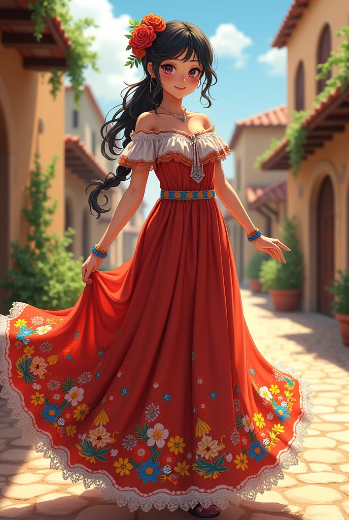 A anime wearing a folk Mexican dress full body