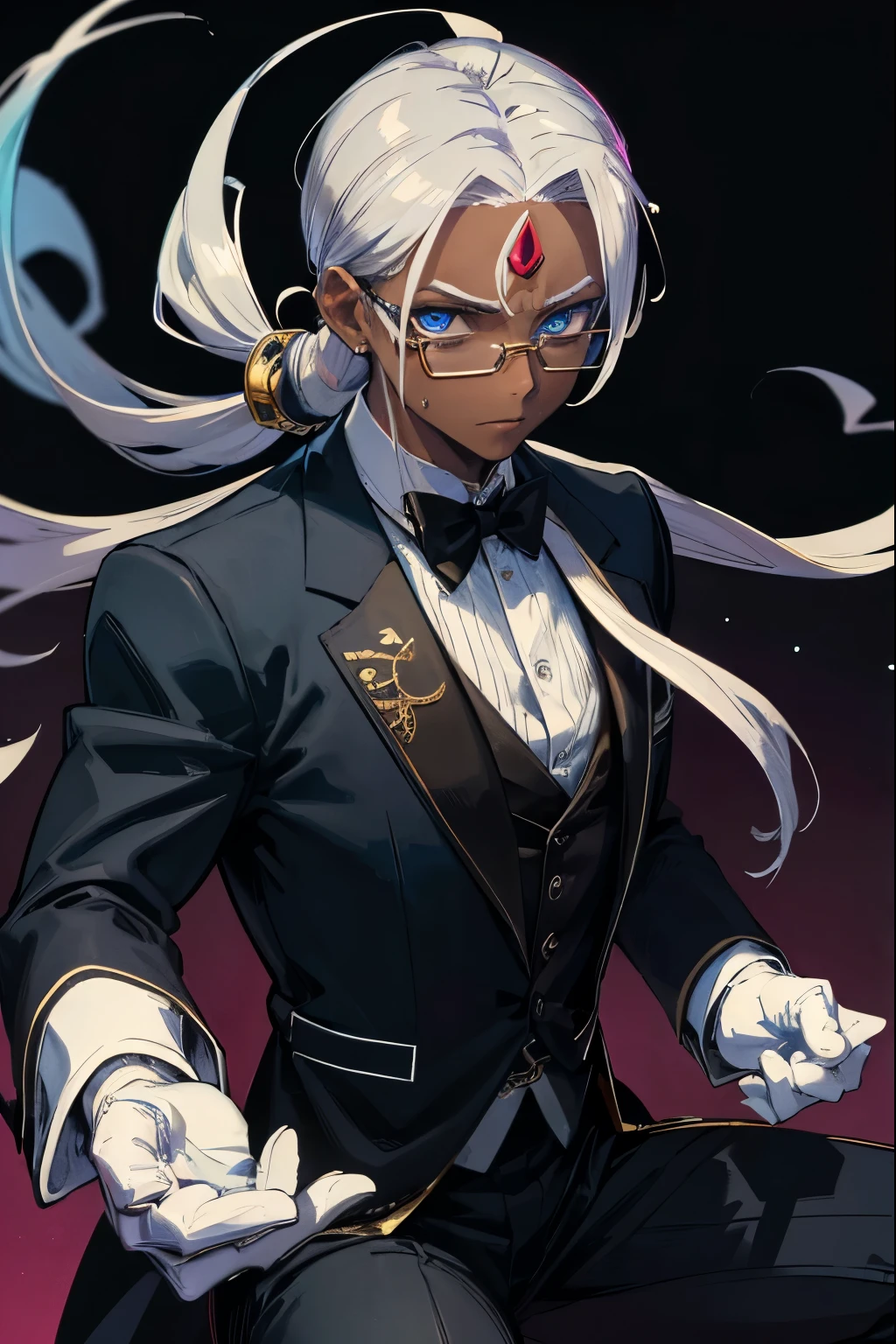 Highest quality, masterpiece, Ultra-high resolution, One Man,Hosomi,Silver Hair,Brown Skin,Her hair is tied back,Black Band,glasses,Butler,White gloves,Tuxedo,youth,Blue Eyes,martial arts,Dark skin,(A jewel is embedded in the center of the forehead:1.2),Gradient Hair