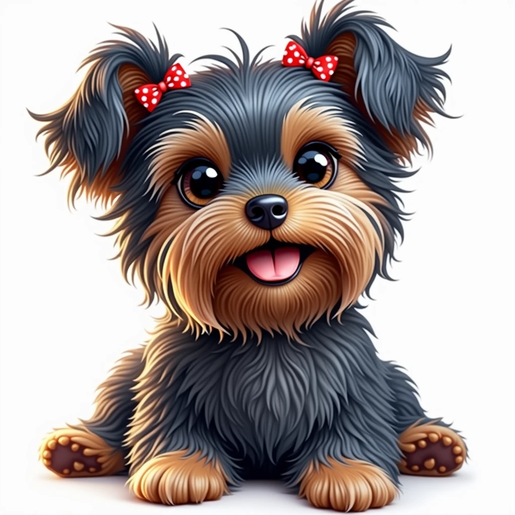 (photorealism:1.2), cute adorable Yorkshire Terrier puppy with a black-blue coat, lighter shades on face and paws. Her fur is long silky and smooth, wears two small red bows with white polka dots on her head, in differente pose The puppy has sparkling eyes and a cheerful, slightly open mouth.