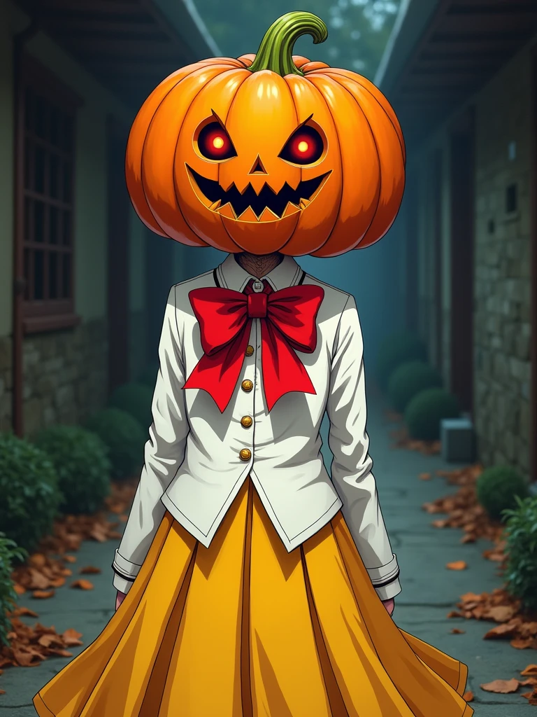 NAOKO manhwa chatacter from pumpkin night,naoko is a girl with pumpkin hallowen as her head,the pumpkin have big red ribbon,naoko wearing unifrom , with white color,and yellow skirt,naoko have savage and creepy vibes,beautiful art,high quality,masterpiece
