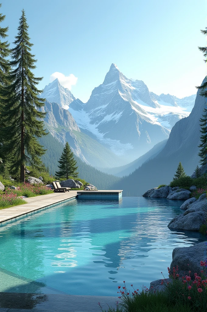 A swimming pool with mountain view
