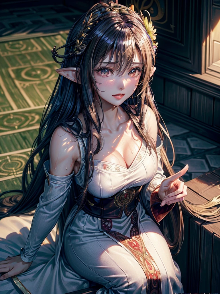 (masterpiece:1.4), (ultra detailed:1.4), (extremely detailed CG:1.4), (Shiny glossy wet hair:1.4), (super fine illustration:1.4), full lip gloss, An elven queen delivering a powerful speech from an elevated position, captivating the crowd below with her regal and enchanting presence. Her appearance is mesmerizing, with long flowing hair, intricate armor adorned with elven symbols, and a crown of leaves and jewels. The queen’s gaze is strong and focused, looking toward a bright future. The crowd of diverse individuals below looks up in awe, their expressions filled with admiration and inspiration as they are drawn in by her powerful words. The background hints at a majestic elven city surrounded by ancient trees and ethereal light
