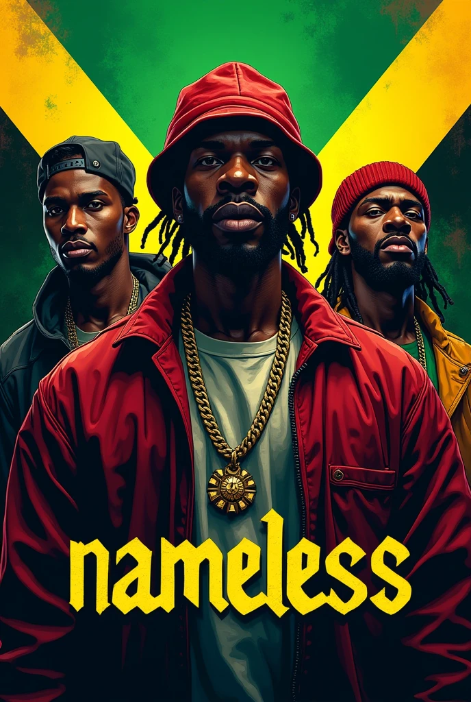 Logo crew gangster jamaican juste le nom nameless ecrit sur le bas de la page couleur vert jaune rouge