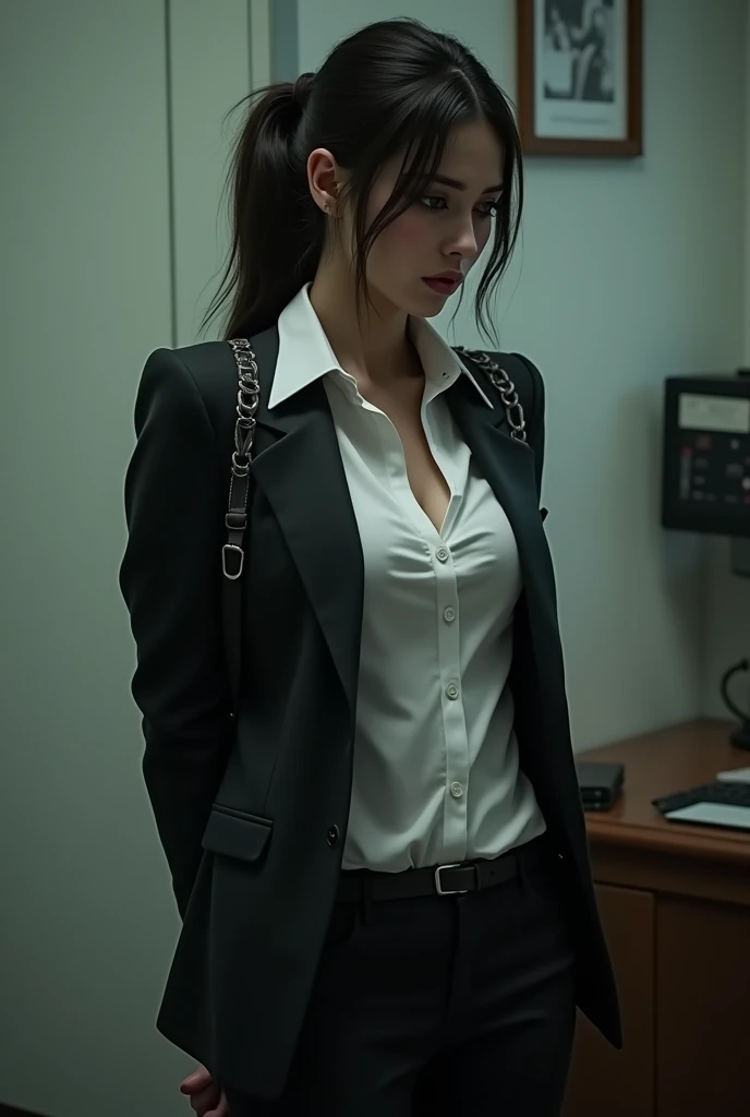 The woman has her hands tied、put your hands behind your back、(((I clasped my hands behind my back)))、a woman in a suit, belt, hands behind back, sweating, suspenders, black pants, sexly, large breasts, see-through clothing,, detective, office worker, white button-up shirt, (best quality,4K,8k,highres,masterpiece:1.2),ultra-detailed,(realistic,photorealistic,photo-realistic:1.37),hyper-detailed,highly detailed face and body, Slender thin suspenders Moderate breasts See-through shirt Nipples holster chain Pistol Armament criminal Female criminal knife japanese profile Japanese women arrested handcuff Cable tie on thumb Constraints