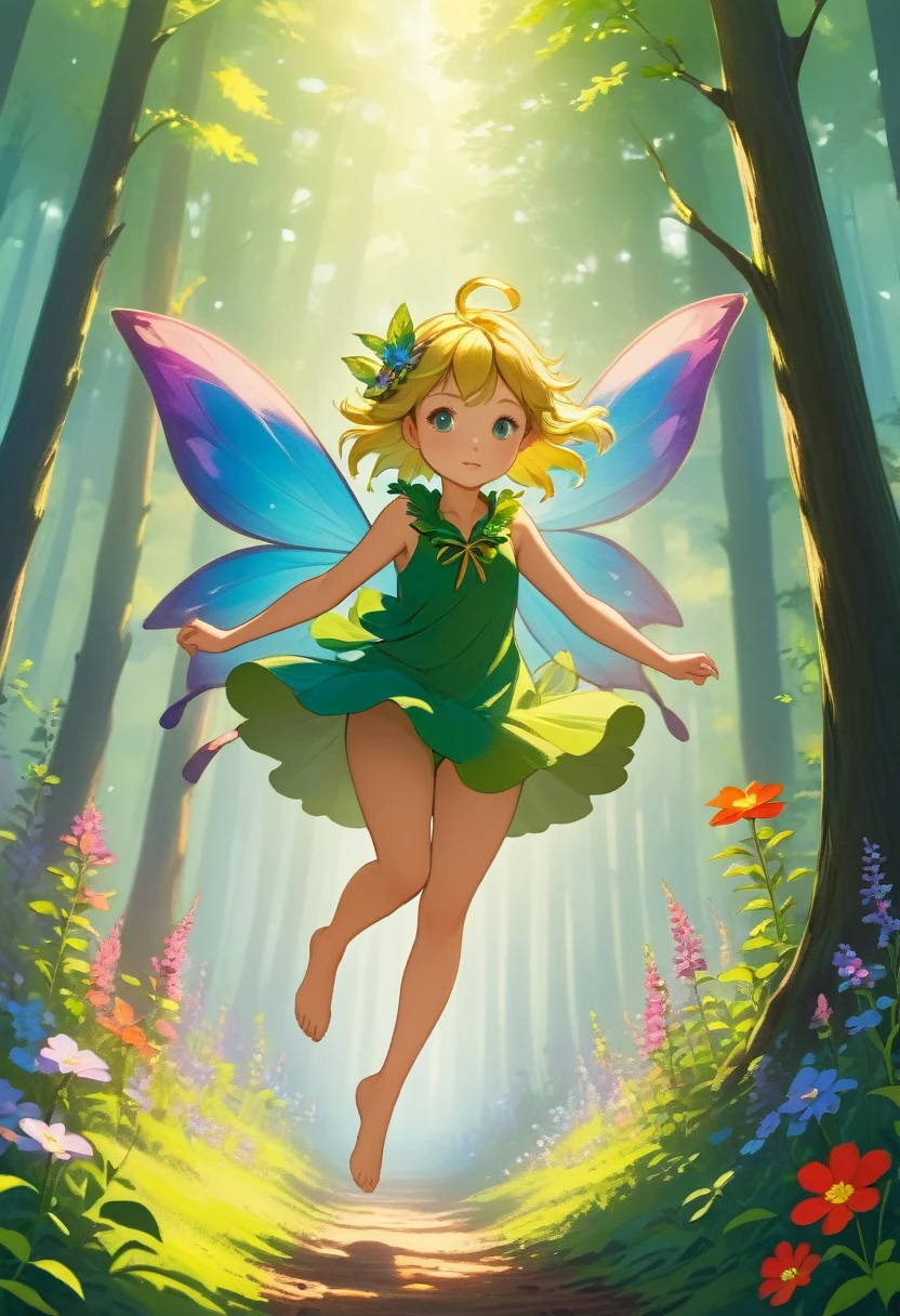 Forest Fairy,Mysterious, small and cute,wood々In the thick forest,光に包まれた幾人もの妖精がwoodの枝に座っている,Flying high and high,Barefoot,Running,Mysterious Mysterious,Vibrant wildflowers blooming in the forest,Fantasy,Exquisite atmosphere,Masterpiece,Highest quality,Detailed anime art,Digital Art,