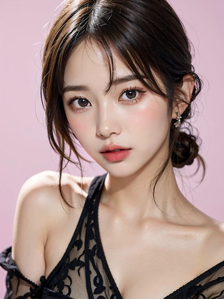 Best Quality、wonderful、Intricate details、Fine details、Depth of written boundary、Highest quality、Very detailed、High resolution、超High resolution、Detailed Shadows、Surreal、Realistically、Dramatic Lighting、Fine details、Detailed Faces、Beautiful eyelashes、Detailed eyes、Realistic Skin、Bust-up angle、Off-the-shoulder dress、Random Curled Hair、Zoom out、Soft curl hairstyle、Korean Idol、Realistic eyes、Beautiful eyelashes、High resolutionの顔、Pink Background、20-year-old、C cup breasts、Natural color lip