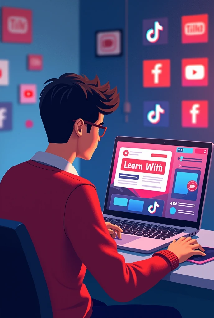 "A digital illustration of a 20-year-old young man with short hair, wearing glasses and a red sweater, sitting at a desk with a laptop facing forward. The young man is looking directly ahead with a focused expression. The background features a blend of colors to create a vibrant and modern look. It includes the logos of YouTube, TikTok, and Facebook scattered throughout. On the screen of the laptop, the text 'Learn with MS' is prominently displayed with a small YouTube logo next to it. The young man and the laptop are facing forward, creating a clear and engaging visual focused on 'Learn with MS' content."