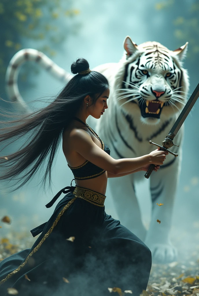 A beautiful young woman, in an ancient black Dusit Thai costume, wearing a black and gold sarong, long black hair, long swordplay, separated by every fierce attack, covered with thick fog that obscures the view, revealing a vivid and surreal scene, the blade's s-cut stands out against the blurred background., Mysterious background, the sharp eyes of a large white tiger with long fangs, written behind the young woman, meeting the audience's eyes.., A thick layer of fog covers the landscape, piercing, clear eyes, incredible light and color.