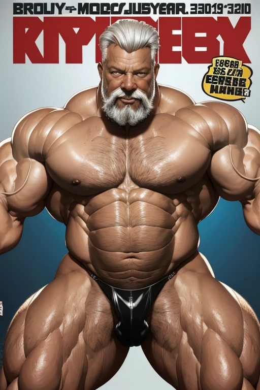 Hyperrealistic image of two black-skinned men on the cover of a gay erotic magazine posing as very muscular superheroes with grey hair, very old and very sweaty bodybuilder over 80 years old..very muscular and fat, He weighs more than 200 kilos with a naked torso., large and flaccid pectorals, Brown nipples and a big grey mustache at a bodybuilding tournament dressed in white latex thongs