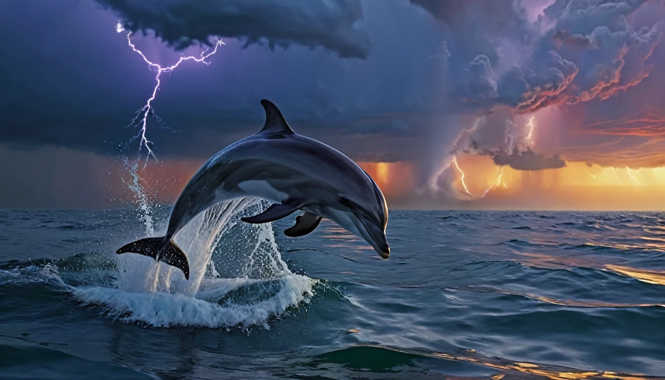 ultra-detailed, realistic, 4k, masterpiece:1.2, highres, vivid colors, bokeh, professional, HDR, sharp focus,
ultra-fine painting, physically-based rendering, A haunting masterpiece, of unparalleled quality, showcasing a Dolphin jumping from the surface of the ocean, there is a storm in the background, 1 single bolt of lightning, a red haze and puffy sunset clouds,