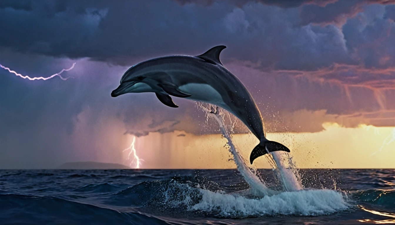 ultra-detailed, realistic, 4k, masterpiece:1.2, highres, vivid colors, bokeh, professional, HDR, sharp focus, 
ultra-fine painting, physically-based rendering, A haunting masterpiece, of unparalleled quality, showcasing a Dolphin jumping from the surface of the ocean, there is a storm in the background, 1 single bolt of lightning, a red haze and puffy sunset clouds,
