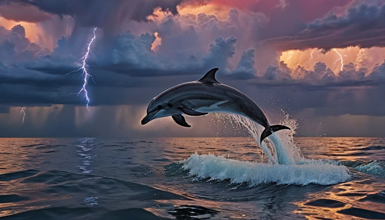 ultra-detailed, realistic, 4k, masterpiece:1.2, highres, vivid colors, bokeh, professional, HDR, sharp focus, 
ultra-fine painting, physically-based rendering, A haunting masterpiece, of unparalleled quality, showcasing a Dolphin jumping from the surface of the ocean, there is a storm in the background, 1 single bolt of lightning, a red haze and puffy sunset clouds,
