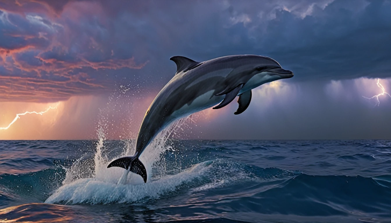 ultra-detailed, realistic, 4k, masterpiece:1.2, highres, vivid colors, bokeh, professional, HDR, sharp focus,
ultra-fine painting, physically-based rendering, A haunting masterpiece, of unparalleled quality, showcasing a Dolphin jumping from the surface of the ocean, there is a storm in the background, 1 single bolt of lightning, a red haze and puffy sunset clouds,
