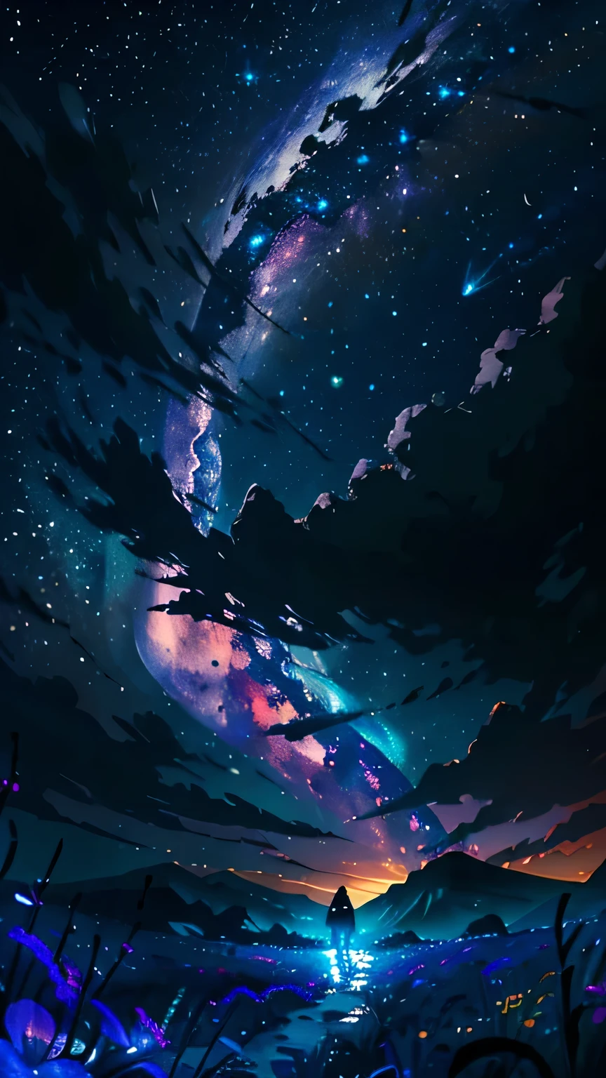 Vast landscape photography, (View from below。I can see the sky and the wilderness below..), Lawyer standing in a flower field looking up, (full moon: 1.2), (shooting star: 0.9), (nebula: 1.3), Distant Mountain, Treebreak Production Art, (Warm light source: 1.2), (Firefly: 1.2), lamp, Purple and Orange, Exquisite detail, Volumetric Lighting Break (masterpiece: 1.2), (Highest quality ), 4K, Very detailed, (Moving configuration: 1.4), Highly detailed and colorful (Iridescent: 1.2), (Shining Light, Atmospheric lighting), dream-like, magic, (alone: 1.2)