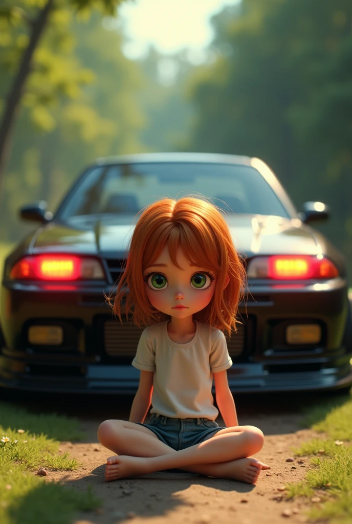 You can create an image of a skinny, white-skinned, green-eyed girl with orange-brown hair sitting outside in front of a black Nissan Skyline GTR R32 car with red headlights., Please make the image animated
