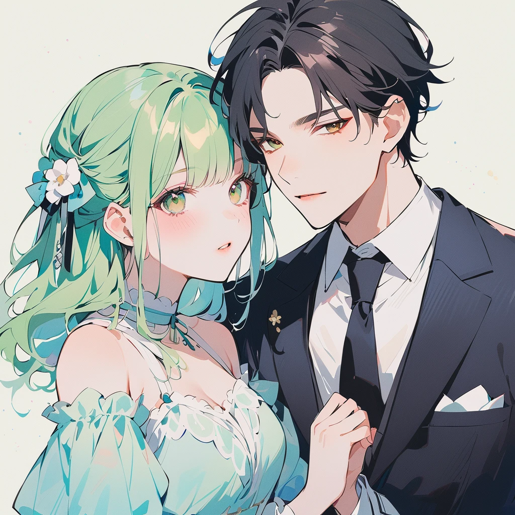A green-haired girl with a ta dress and a black-haired boy with a black suit holding hands Watercolor、pale colour、