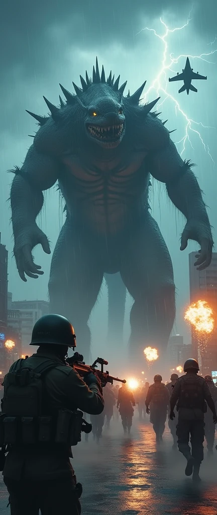 Create an ultra-realistic and detailed image of Indonesian military (TNI) forces engaged in a fierce battle against a terrifying giant monster in the city of Jakarta, Indonesia, during a heavy storm. The scene captures the intense action with soldiers wearing the exact uniforms of the Indonesian TNI, running and firing weapons at the monster. Indonesian fighter jets and helicopters are providing aerial support. The cityscape of Jakarta is visible in the background, with rain pouring down, lightning illuminating the dark sky, and the monster's immense size and fearsome appearance dominating the scene.