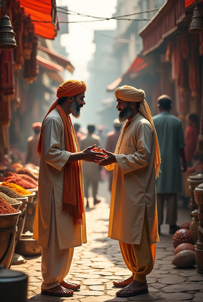 A Marwari trader successfully negotiating a deal in a busy urban market."