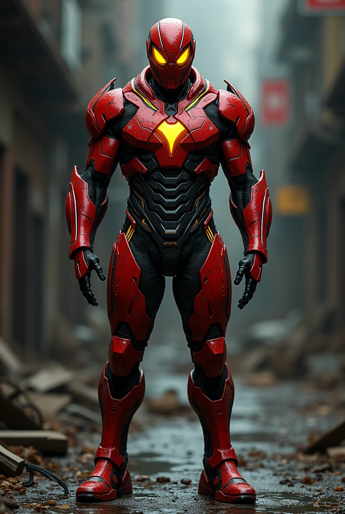 A man with a spider end iron suit red lines end golden eyes with a dangerous look