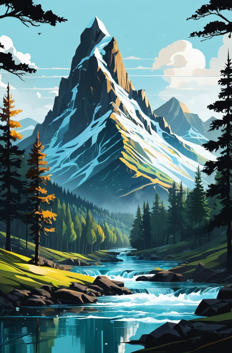 impressive painting of a mountain with trees and water, a detailed painting by Petros Afshar, shutterstock contest winner, environmental art, detailed painting, outlined art, 2d game art, isolated background for logo, strong contours, logo design