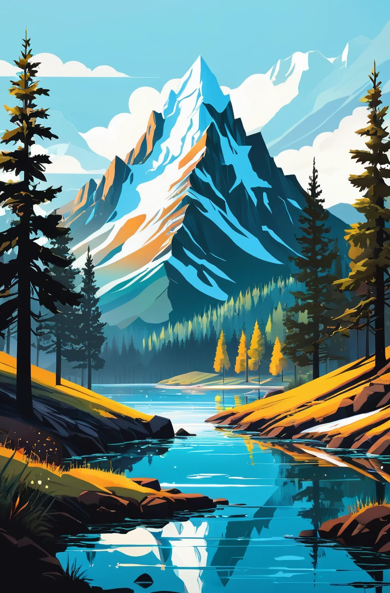 impressive painting of a mountain with trees and water, a detailed painting by Petros Afshar, shutterstock contest winner, environmental art, detailed painting, outlined art, 2d game art, isolated background for logo, strong contours, logo design