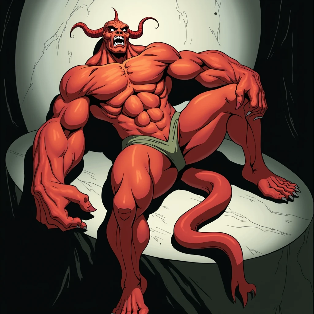 there is a cartoon of a man with a red body and a red helmet, hellboy, fat ripped satanic creature, his trunk is a huge tentacle, muscled humanoid balrog demon, red scales on his back, devil, daredevil, his trunk is a long tentacle, man male demon, intimidating pose, full body devil man, fat ripped satan big naked sexy