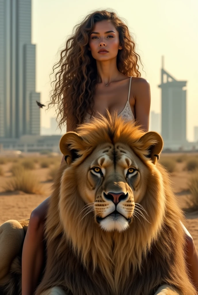 (photorealism:1.2), beautiful women , sitting on lion, with no wearing , long curly hair, outdoor, soft lighting, Bird in background, in Burj Khalifa with sunlight, relaxed pose,