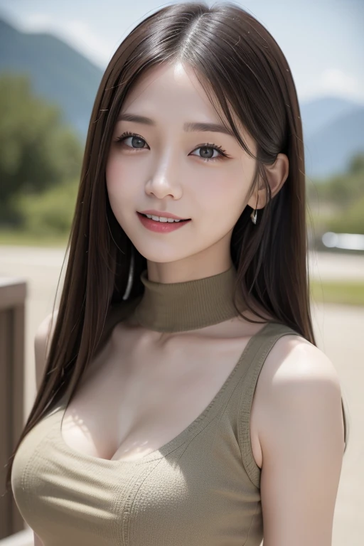 Tabletop, Highest quality, Photorealistic, finely, High resolution, 8k wallpaper, Perfect dynamic composition, finelyて美しい目, Medium Hair, Big and ample breasts, Random sexy poses,Chest to chest、(Mock neck crop tank with open neckline。In a large khaki knit、The valley is clearly visible。)、(Breast Swelling 1.2)、Laughter、Open your mouth、Resort scenery、2、(Droopy Eyes 1.4)、Adult Beauty、Perfect body,(lie:1.3),