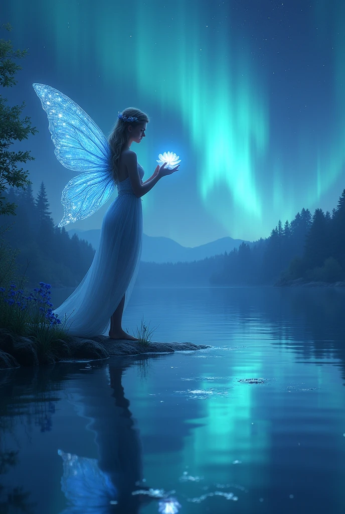 A fairy standing by a clear lake。Her wings are like a erfly、It reflects the light and shines brightly。The stars are reflected on the water、Aurora spreads across the sky。The fairy holds a blue rose in her hand、A faint light emanates from the rose。