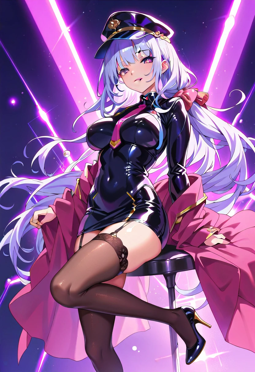 ung beautiful woman,(Highest quality,Extremely detailed depiction,Incredibly absurd high resolution,Anatomically accurate depiction,Curvy Legs,Perfect body光沢のある肌,Porcelain-like skin,Perfect body),(Sexy female soldier,uniform,Tight Skirt,High heels,black tights,Uniform cap,latex,garter belt),eyelash,makeup,eye shadow,Intensely glowing purple eyes,Half-closed eyes 1.5,Large Breasts,Glossy pink lips,Shadowed face,A seductive smile,Seductive gestures,whole body:1.1,Dim atmosphere,Illuminated by lights